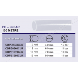 CDC 1 metre uzunluğunda 12 mm'lik PE Natural şeffaf hortum