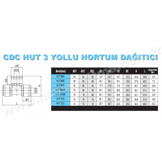 CDC 10mm. metrik üç yollu hortum dağıtıcı T konnektör     